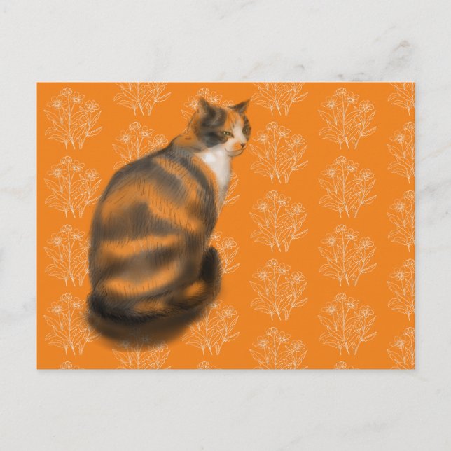 Marmalade cat wit floral background holiday postcard (Front)