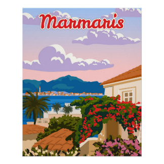 Marmaris landmark, Turkey resort, retro poster