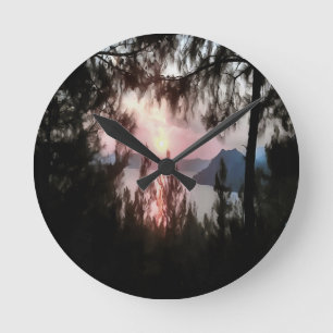 Marmaris Sunset Framed By Palm Trees Landscape Art Round Clock