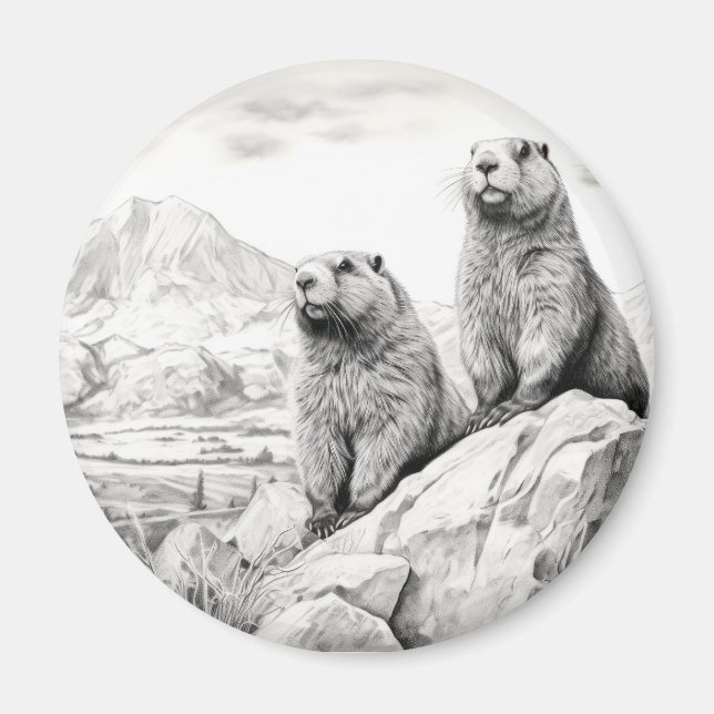 Marmot Animal Discovery Wild Nature Ink Sketch Art Magnet (Front)