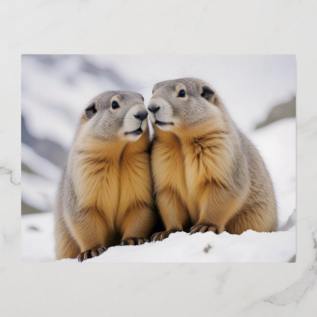 Marmot Animal Nature Wildlife Affection Caring Foil Holiday Postcard (Front)