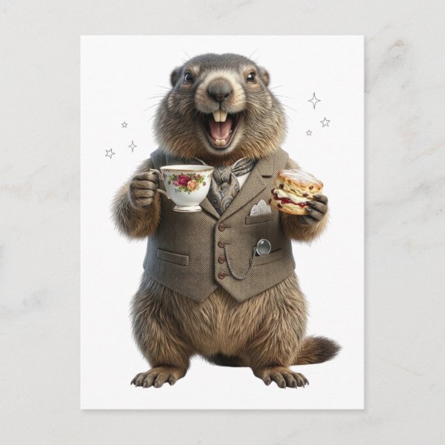 Marmot Drinking Tea Announcement Postcard (Front)