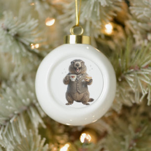 Marmot Drinking Tea Ceramic Ball Christmas Ornament