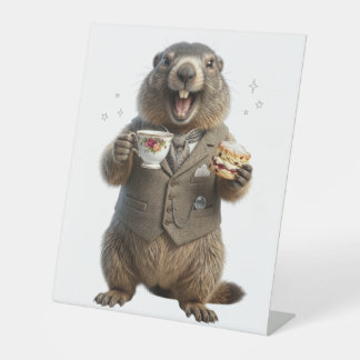 Marmot Drinking Tea Pedestal Sign