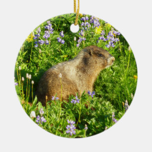 Marmot in Mount Rainier Wildflowers Ceramic Tree Decoration
