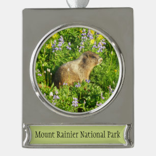 Marmot in Mount Rainier Wildflowers Silver Plated Banner Ornament