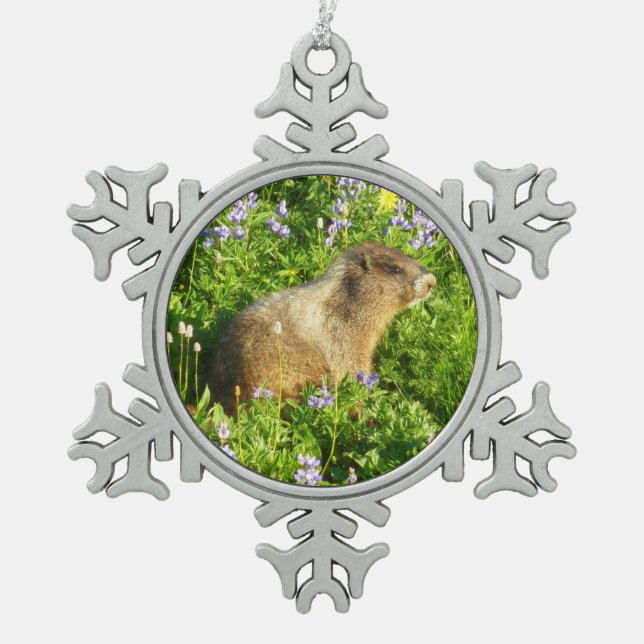 Marmot in Mount Rainier Wildflowers Snowflake Pewter Christmas Ornament (Front)