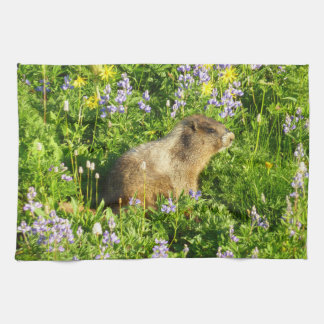 Marmot in Mount Rainier Wildflowers Tea Towel