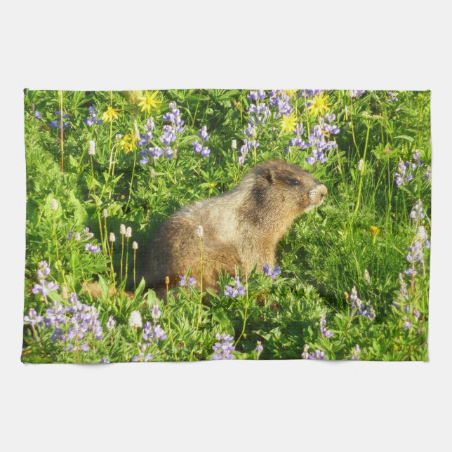 Marmot in Mount Rainier Wildflowers Tea Towel (Horizontal)