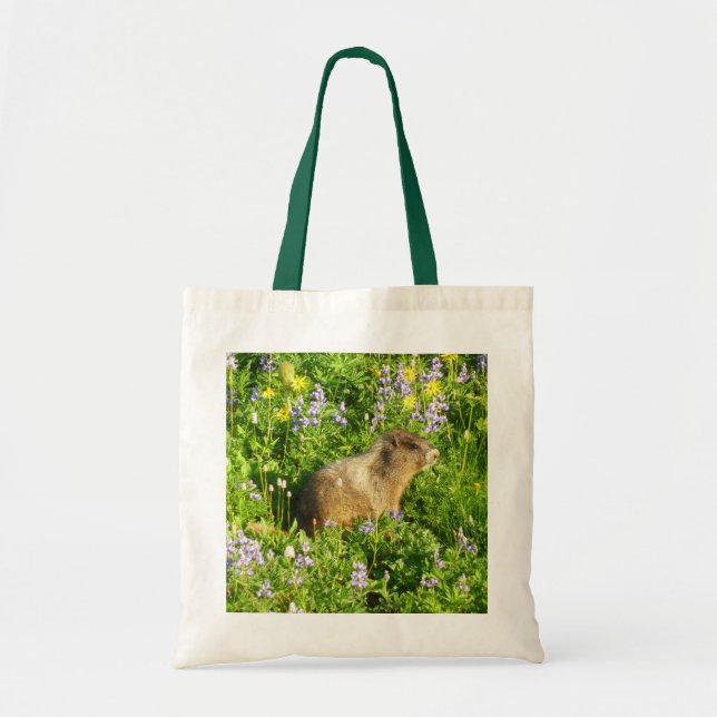 Marmot in Mount Rainier Wildflowers Tote Bag (Front)