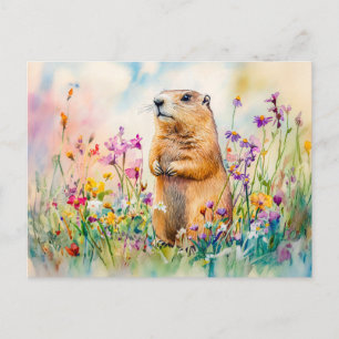 Marmot on a flower meadow watercolor painting postcard