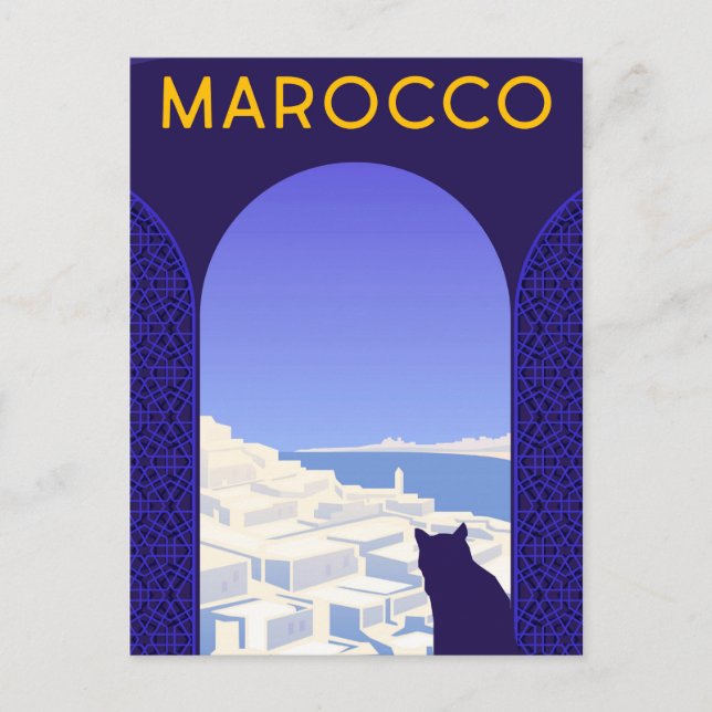 *~* Marocco Morocco Postcard Cat Window Ledge Blue (Front)