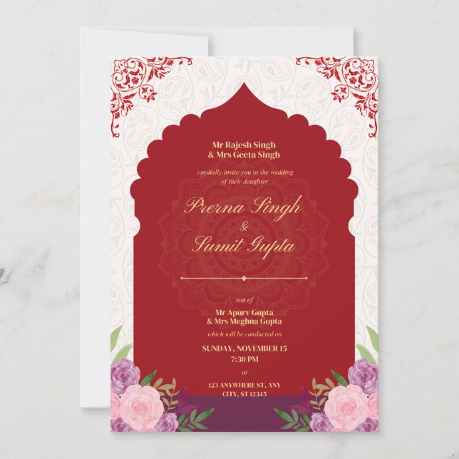 maron colour wedding card with gold text (Front)
