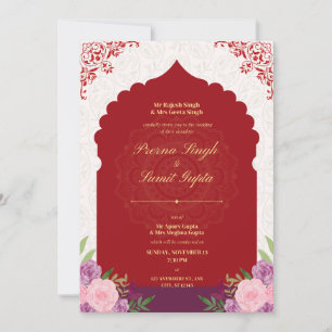 maron colour wedding card with gold text
