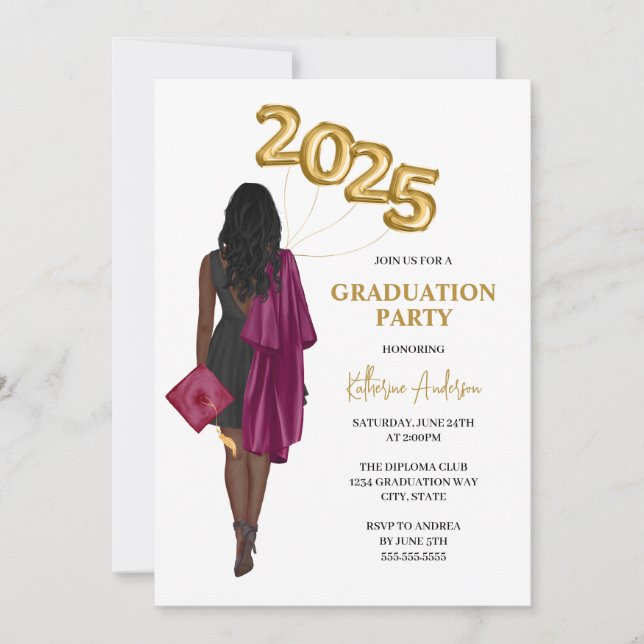 Maroon African American Female Graduation Party Invitation (Front)