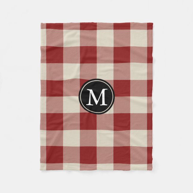 Maroon and Beige Buffalo Check Monogram Fleece Blanket (Front)