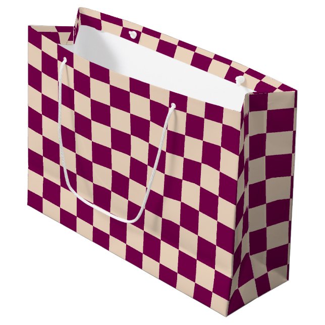 Maroon and beige checkerboard pattern large gift bag (Front Angled)