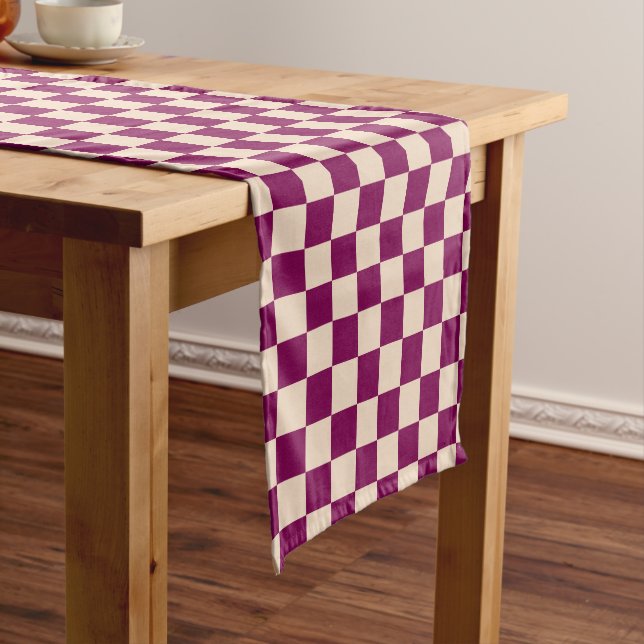 Maroon and beige checkerboard pattern short table runner (In Situ)