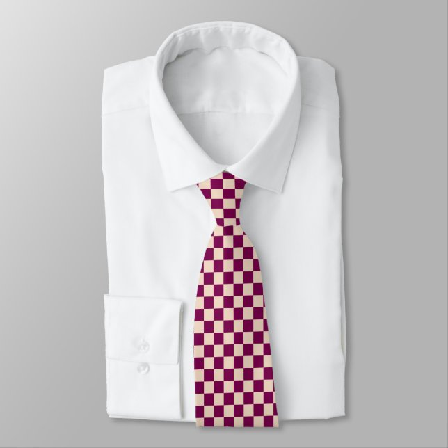 Maroon and beige checkerboard pattern tie (Tied)