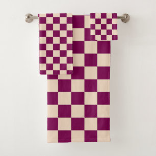 Maroon and beige chequerboard pattern bath towel set
