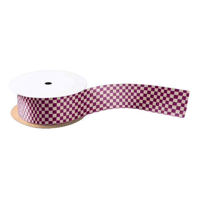 Maroon and beige chequerboard pattern satin ribbon (Spool)