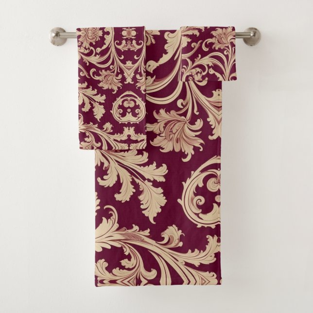 Maroon and Beige Vintage Pattern  Bath Towel Set (Insitu)