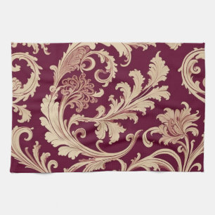 Maroon and Beige Vintage Pattern  Tea Towel