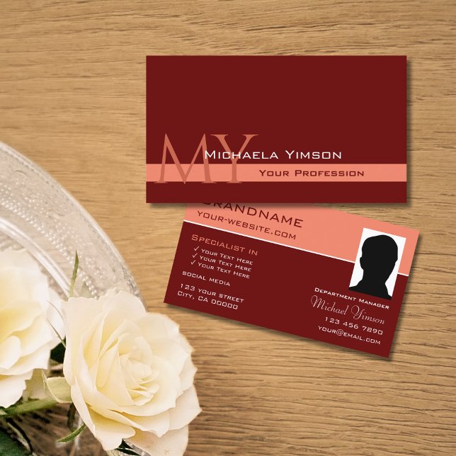 Maroon and Coral Modern with Monogram and Photo Business Card (Creator Uploaded)