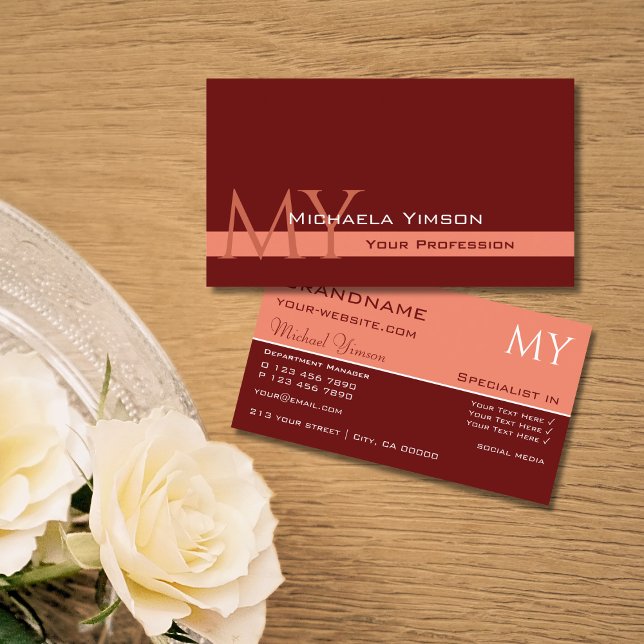 Maroon and Coral with Initials Professional Simple Business Card (Creator Uploaded)