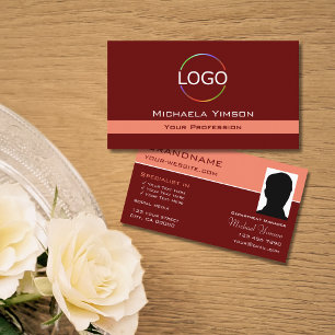 Maroon and Coral with Logo & Photo Professional Business Card