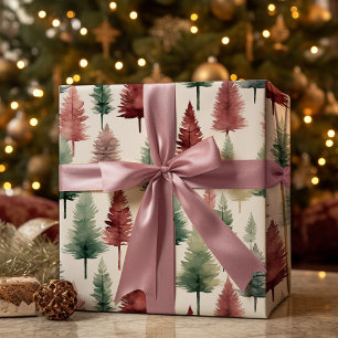 Maroon and Dark Green Pine Tree Wrapping Paper