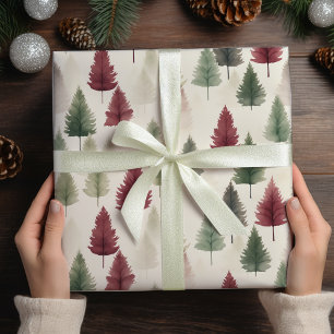 Maroon and Dark Green Pine Tree Wrapping Paper Sheet