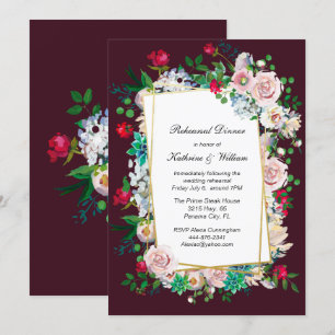 Maroon and Floral Frame Wedding Rehearsal Dinner Invitation