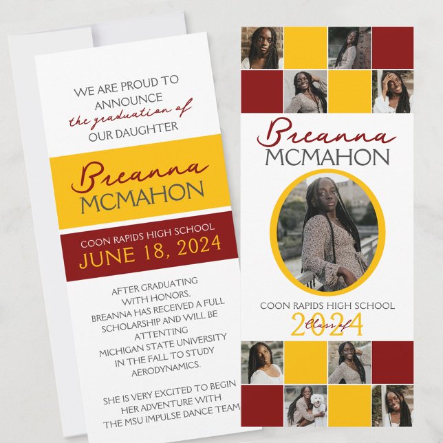 Maroon and Gold 9 Photo Graduation Announcement (Elegant 9 Photo Graduation Double Sided Announcements in White Yellow Gold and Maroon)