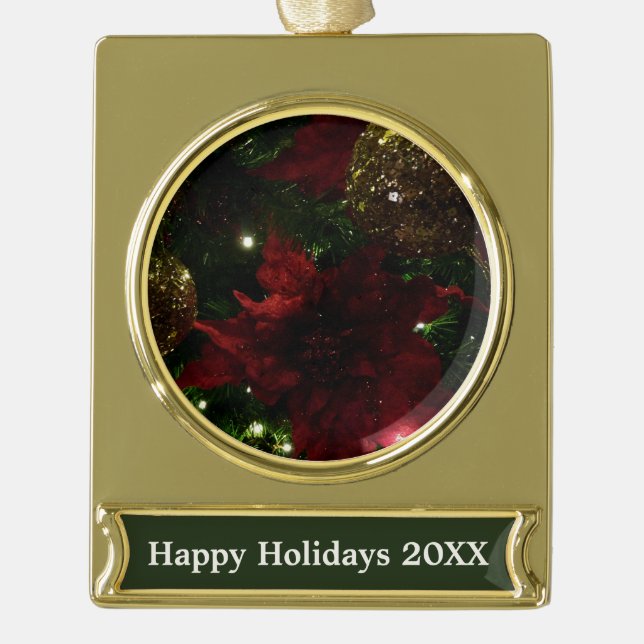 Maroon and Gold Christmas Tree Holiday Photo Gold  Gold Plated Banner Ornament (Front)