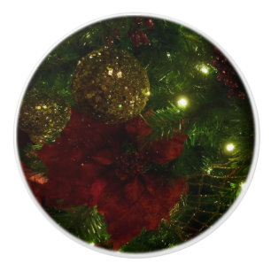 Maroon and Gold Christmas Tree I Holiday Photo Ceramic Knob