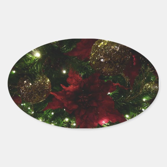 Maroon and Gold Christmas Tree I Holiday Photo Oval Sticker (Front)