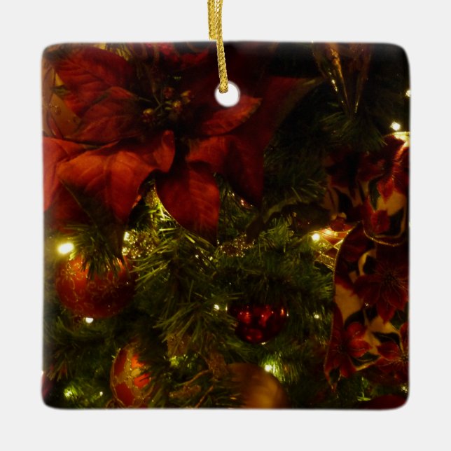 Maroon and Gold Christmas Tree II Ceramic Ornament (Front)