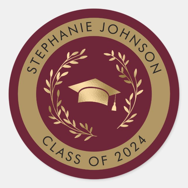 Maroon and Gold Class of 2024 Graduation Classic Round Sticker (Front)