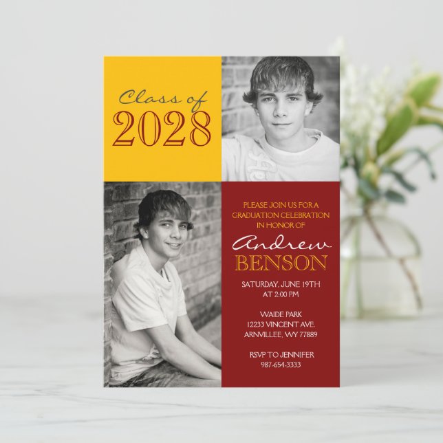 Maroon and Gold Classic 2 Photo Graduation Invitation (Standing Front)