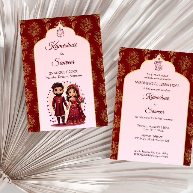Maroon and gold cute Indian bridal couple cartoon Invitation (Maroon and gold cute Indian bridal couple cartoon Invitation template instant download Hindu wedding)