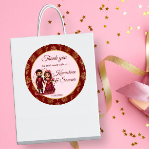Maroon and gold cute Indian bridal couple favour Classic Round Sticker