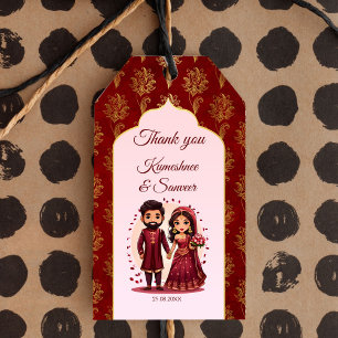 Maroon and gold cute Indian bridal couple favour Gift Tags