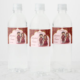 Maroon and gold cute Indian bridal couple wedding Water Bottle Label
