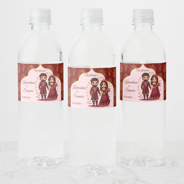 Maroon and gold cute Indian bridal couple wedding Water Bottle Label (Bottles)