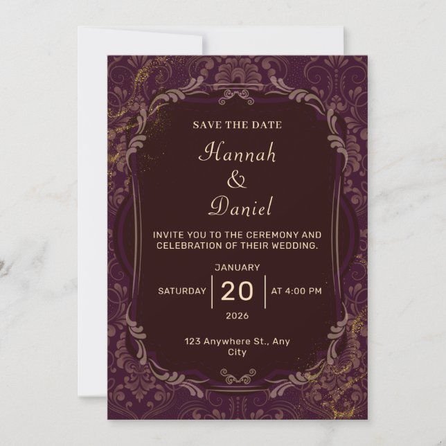 Maroon and Gold Elegant Wedding Invitation (Front)