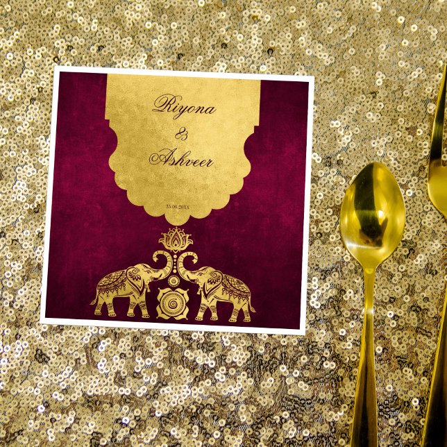 Maroon and gold elephants Indian wedding luxury Napkin (Creator Uploaded)
