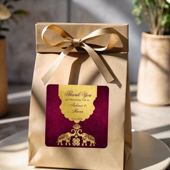 Maroon and gold elephants Indian wedding thank you Square Sticker (Maroon and gold elephants Indian wedding thank you Square Sticker)