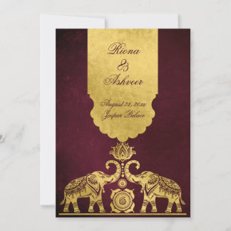 Maroon and gold elephants luxury Indian wedding Invitation