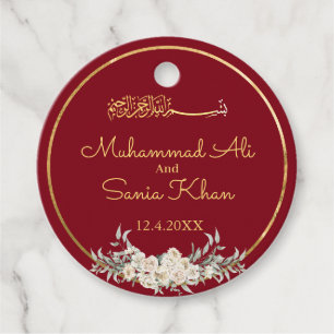 Maroon and Gold Floral Islamic Muslim Wedding Favour Tags